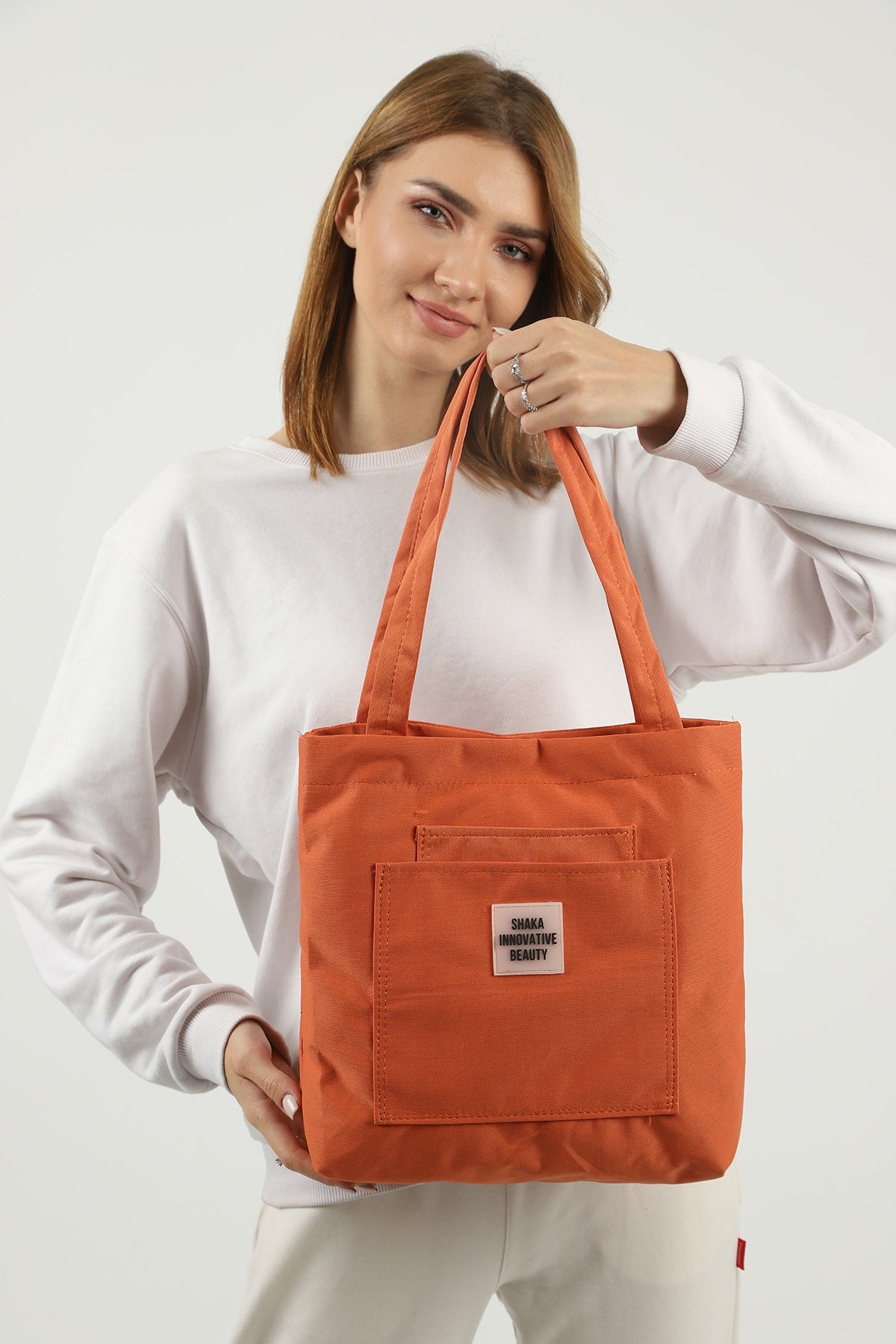 Orange U22 3-Compartment Front 2 Pocket Detailed Canvas Fabric Daily Women'S Arm And Shoulder Bag B:35 E:35