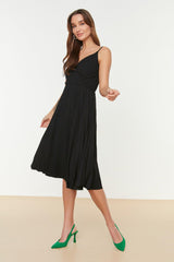 Black Waist Drop/Skater Midi Double Breasted Pleated Strap Stretch Knitted Dress TWOSS20EL2729 - Swordslife