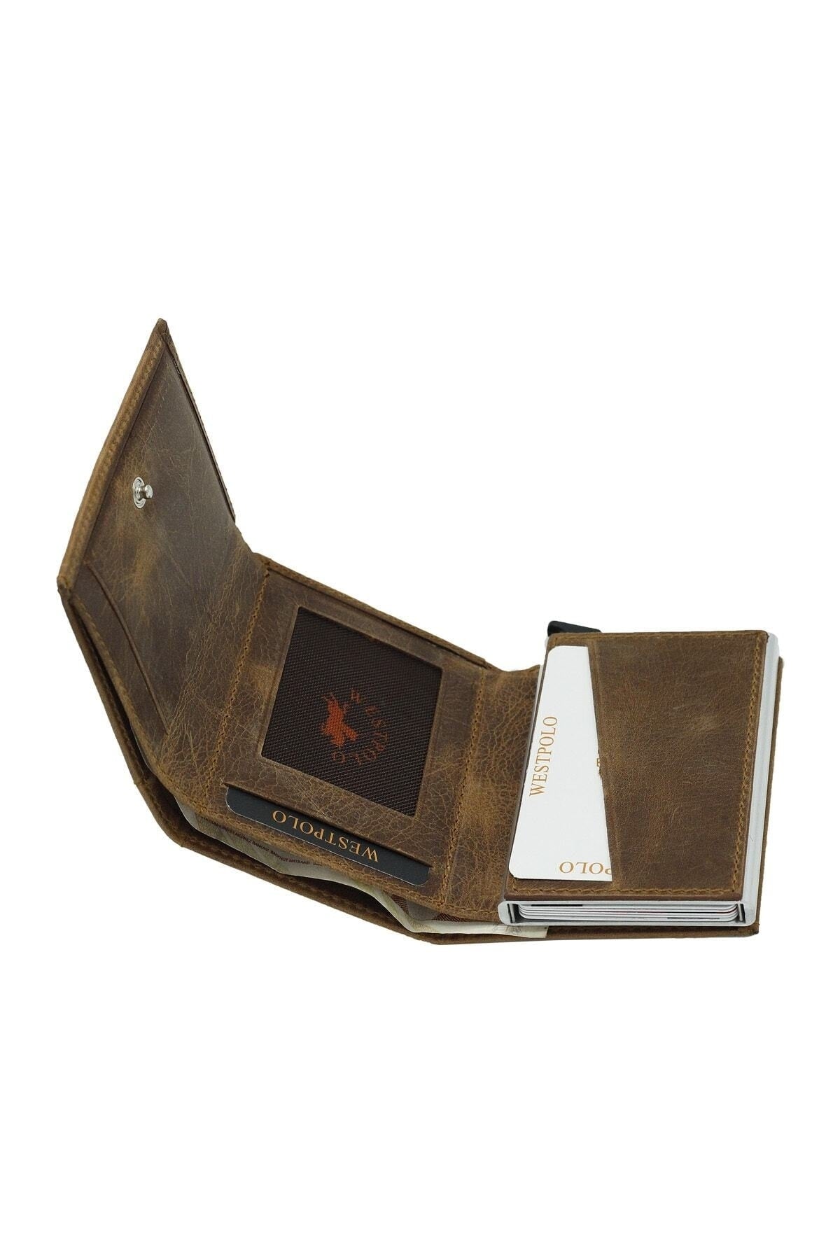 Men'S Dark Tan Genuine Leather Mechanism Wallet Card Holder