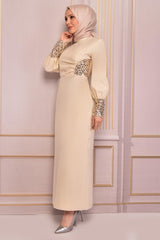 Pearl Detail Evening Dress Beige Asm2553 - Swordslife