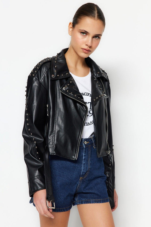 Faux Leather Oversize Trocked Biker Jacket Coat TWOSS23MO00083 - Swordslife