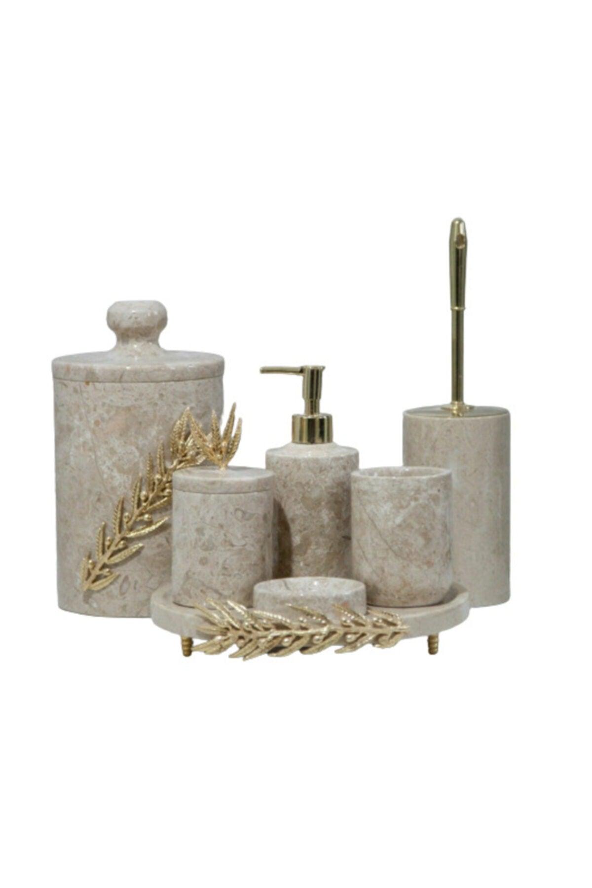 Decorative Beige Marble Gold Olive Branch Detailed 7 Pcs Bathroom Set - Swordslife
