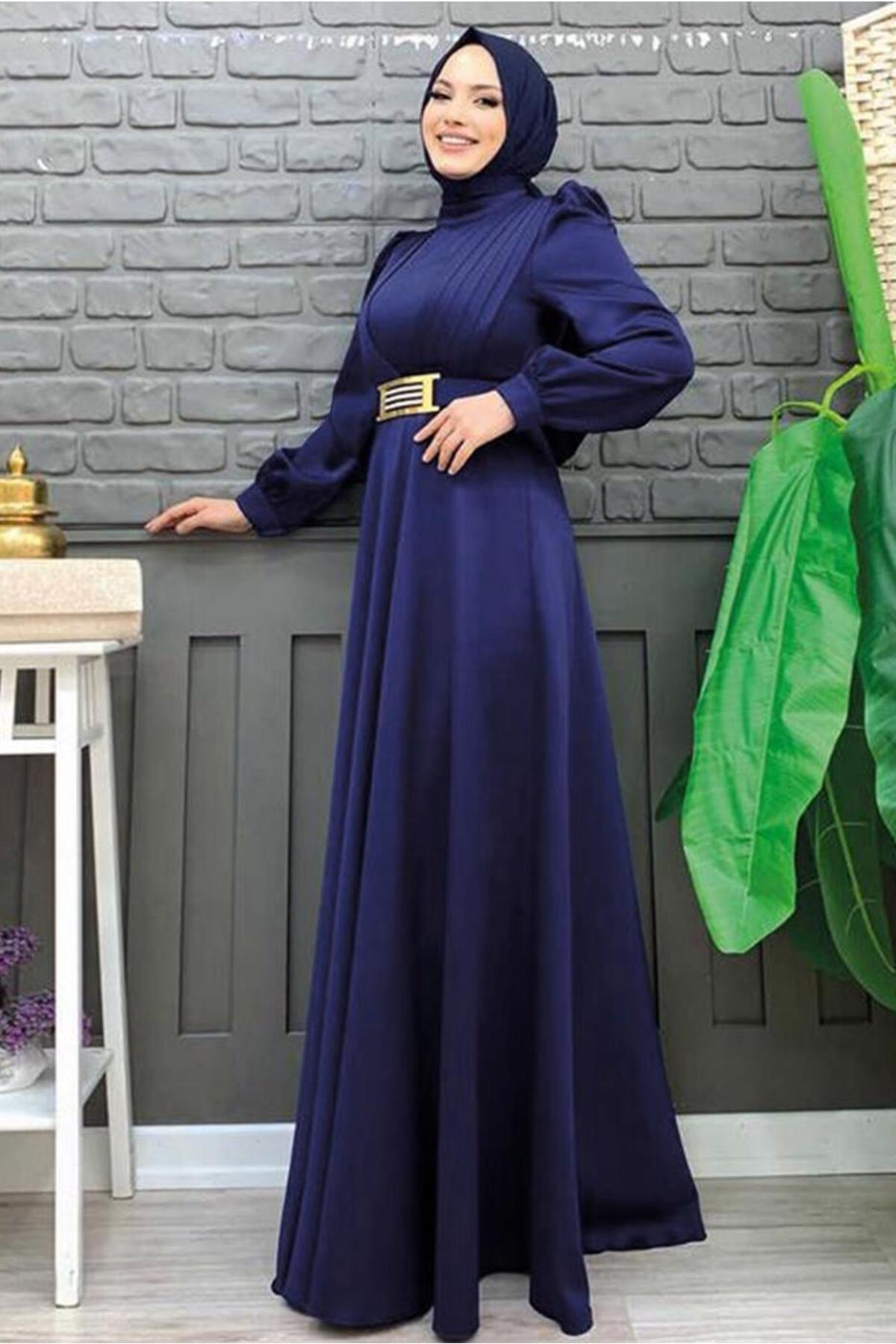 Women's Navy Blue Belted Pleated Detailed Satin Evening Dress T 2973 - Swordslife