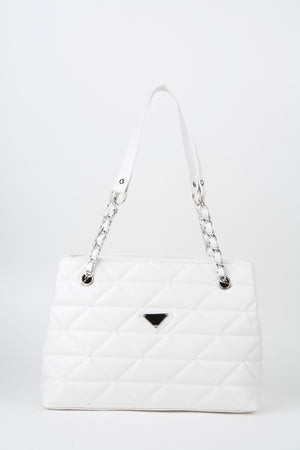 Crocos – Gesteppte, weiße Ledertasche mit 3 Fächern, Reißverschluss, gefüttert, für Hand, Arm und Schulter mit Kettenriemen
