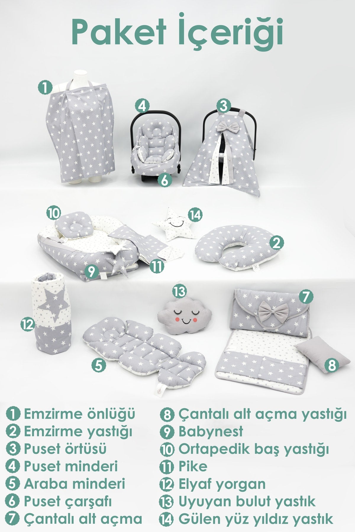 Babynest Mattress, Pillow, Pique, Orthopedic Car Cushion, Breastfeeding And Stroller Accessories Complete Set
