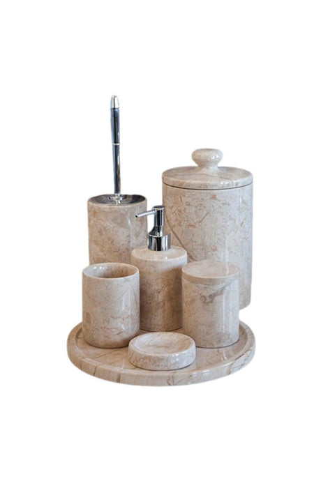 Decorative Beige Marble Silver Detailed 7 Pcs Bathroom Set - Swordslife