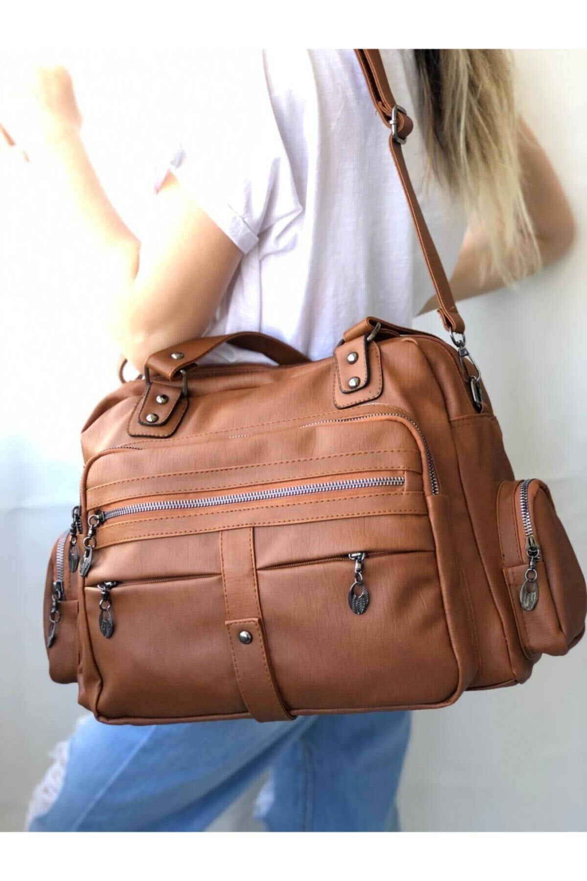 Samilon Damen Schulter- und Handtasche aus hellbraunem Waschleder mit mehreren Fächern