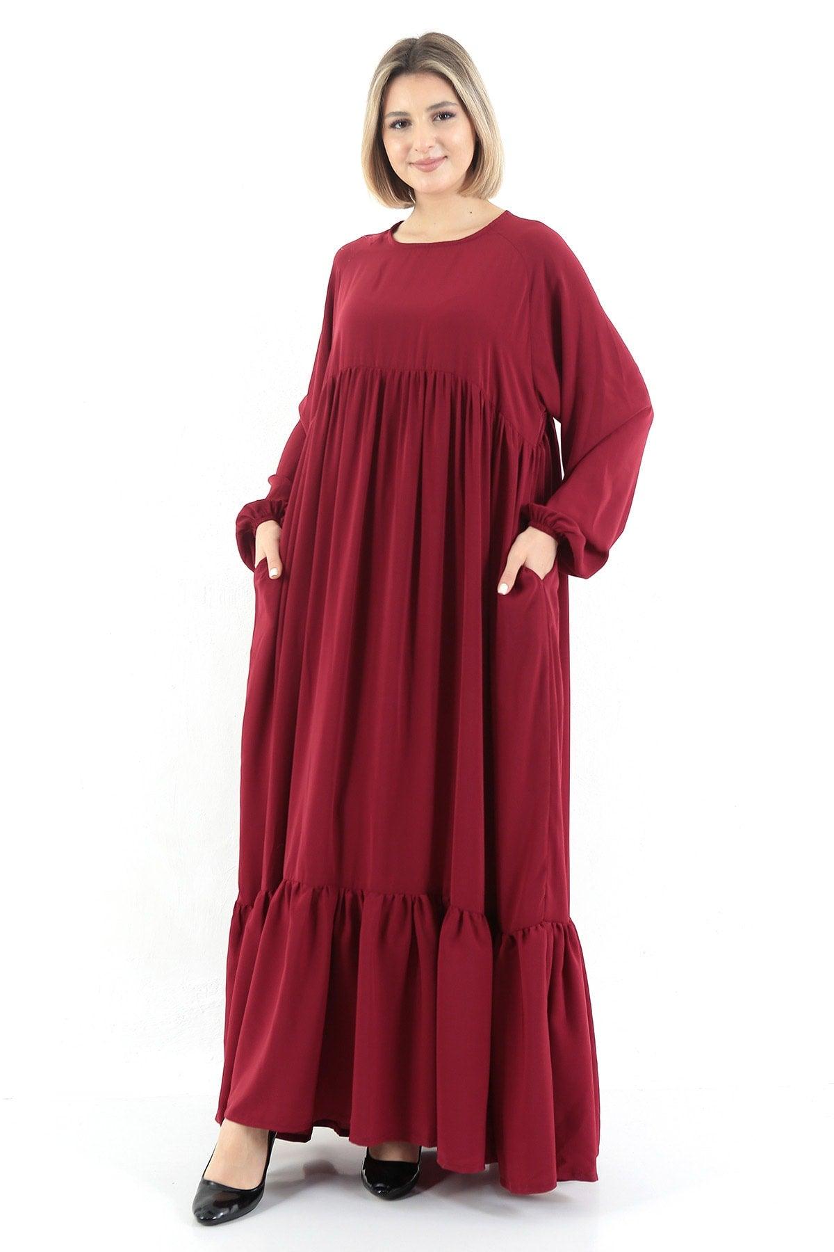 Claret Red Crew Neck Relaxed Fit Elastic Sleeve Side Pockets Pleated Robe Dress - Swordslife