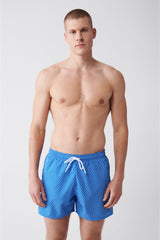 Men's White-Blue Quick Dry Printed Standard Size Swimwear Marine Shorts E003802