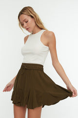 Khaki Skirt Frilly Normal Waist Crepe Mini Knitted Skirt TWOSS21ET0056 - Swordslife