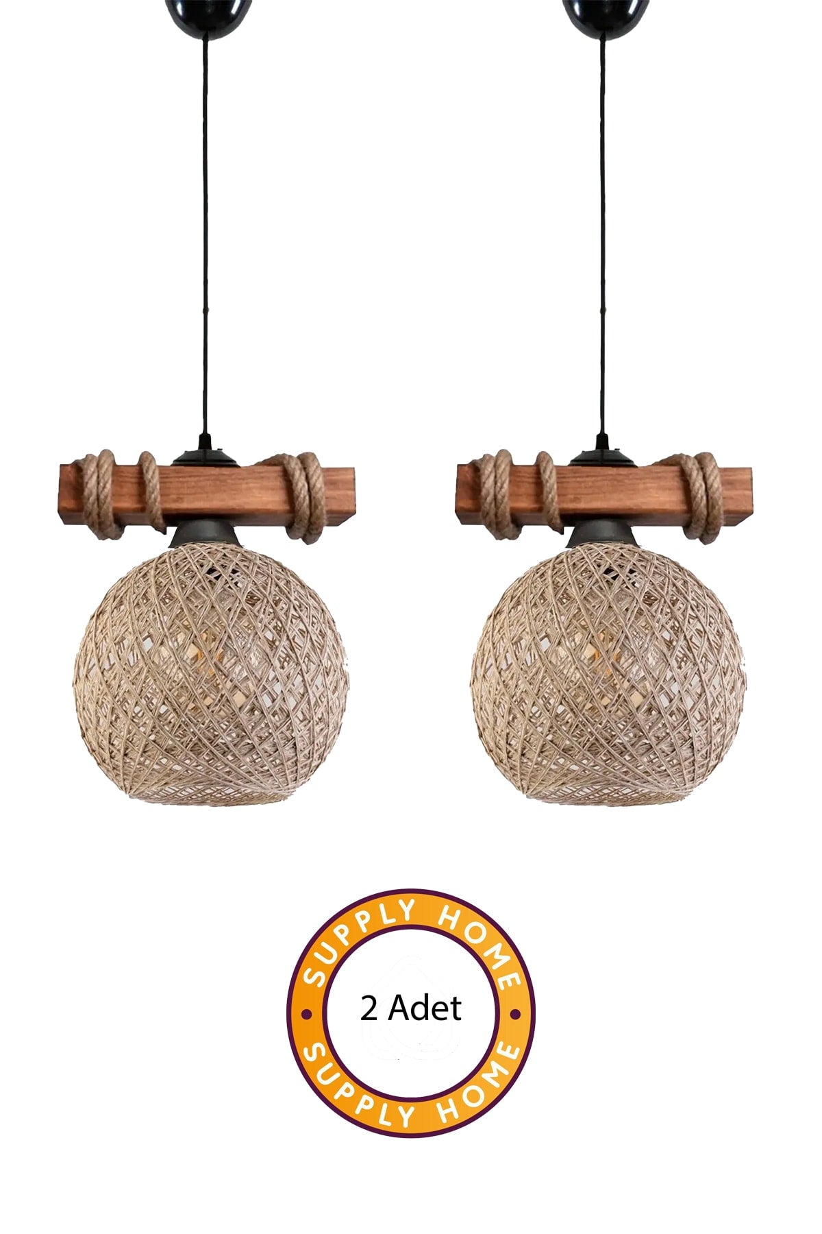 2Pcs Wooden Rope Balle Jute Globe Ball Single Pendant Lamp Chandelier