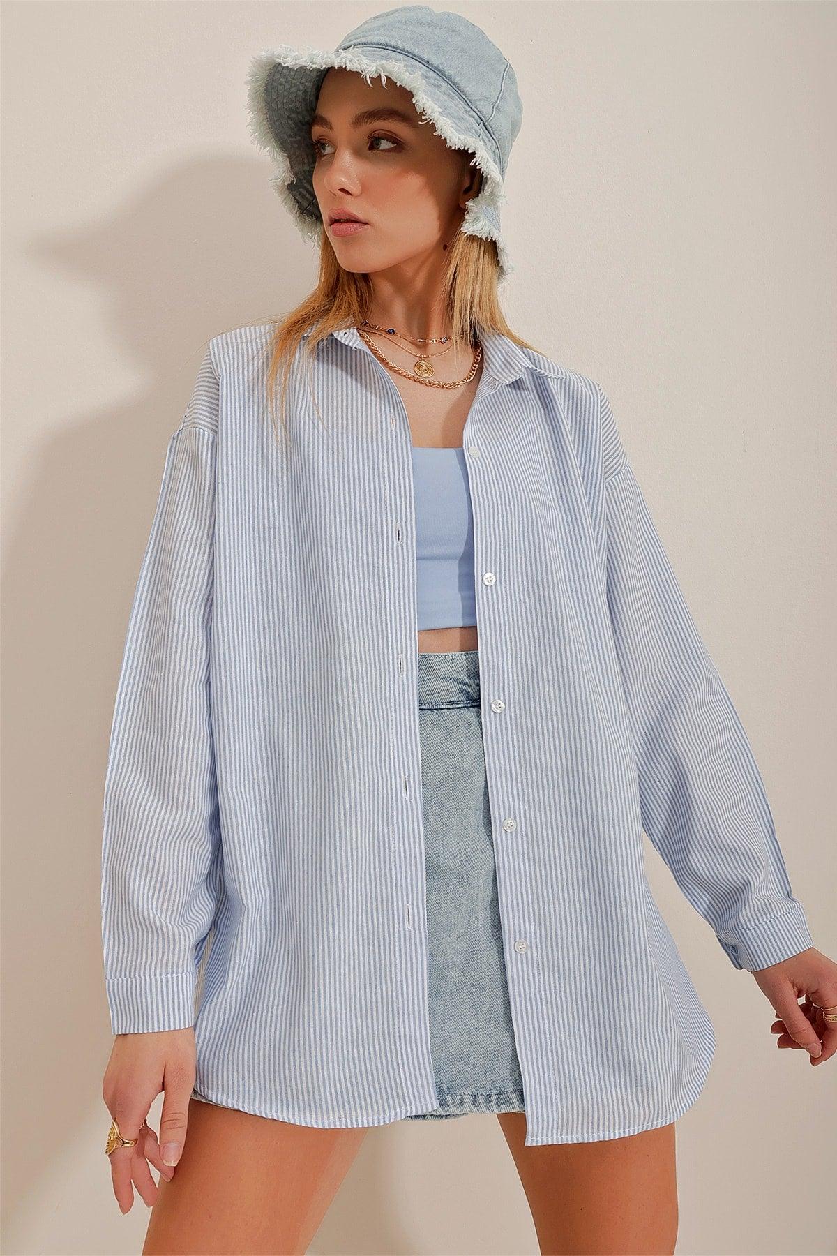 Women's Blue Striped Oversize Shirt ALC-X10232 - Swordslife