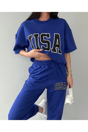 Usa T-Shirt Sweatpants Jogger- Blue Printed Bottom Top Tracksuit Suit Oversize Crew Neck