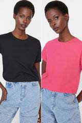 Black-Fuchsia 100% Cotton 2-Pack Basic Crew Neck Knitted T-Shirt TWOSS20TS0141 - Swordslife