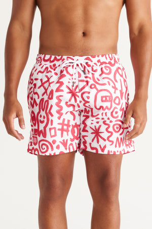 Men'S White Red Standard Fit Regular Fit Side Pockets Patterned Swimwear Marine Shorts