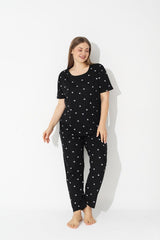 Black Heart Patterned Curve Large Size Oversized Short Sleeve Cotton Pajamas Set - Swordslife