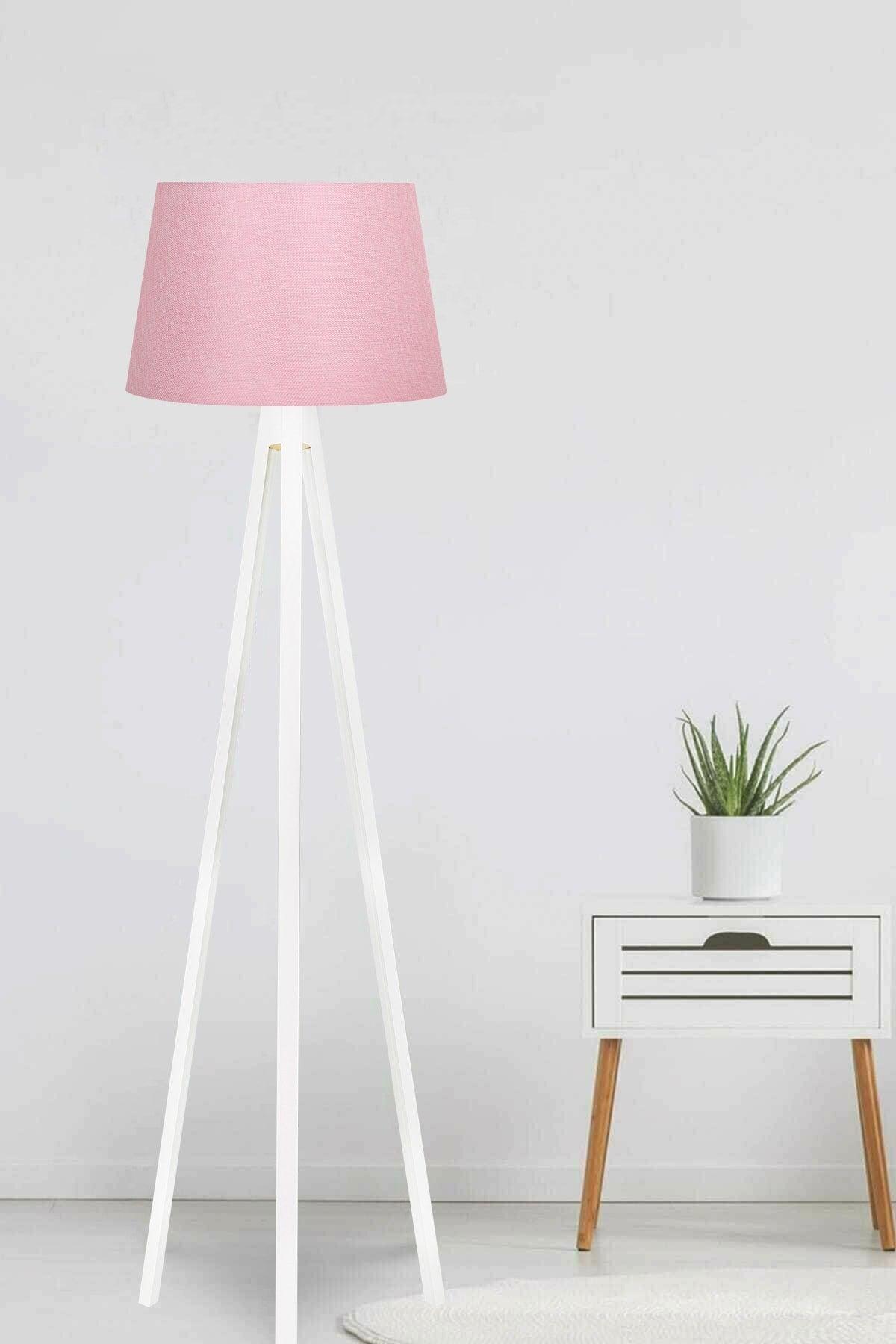 3 Legs Floor Lamp Tripod Leg Three Legs Wooden Lampshade Conical Fabric Pink Headboard White Leg - Swordslife