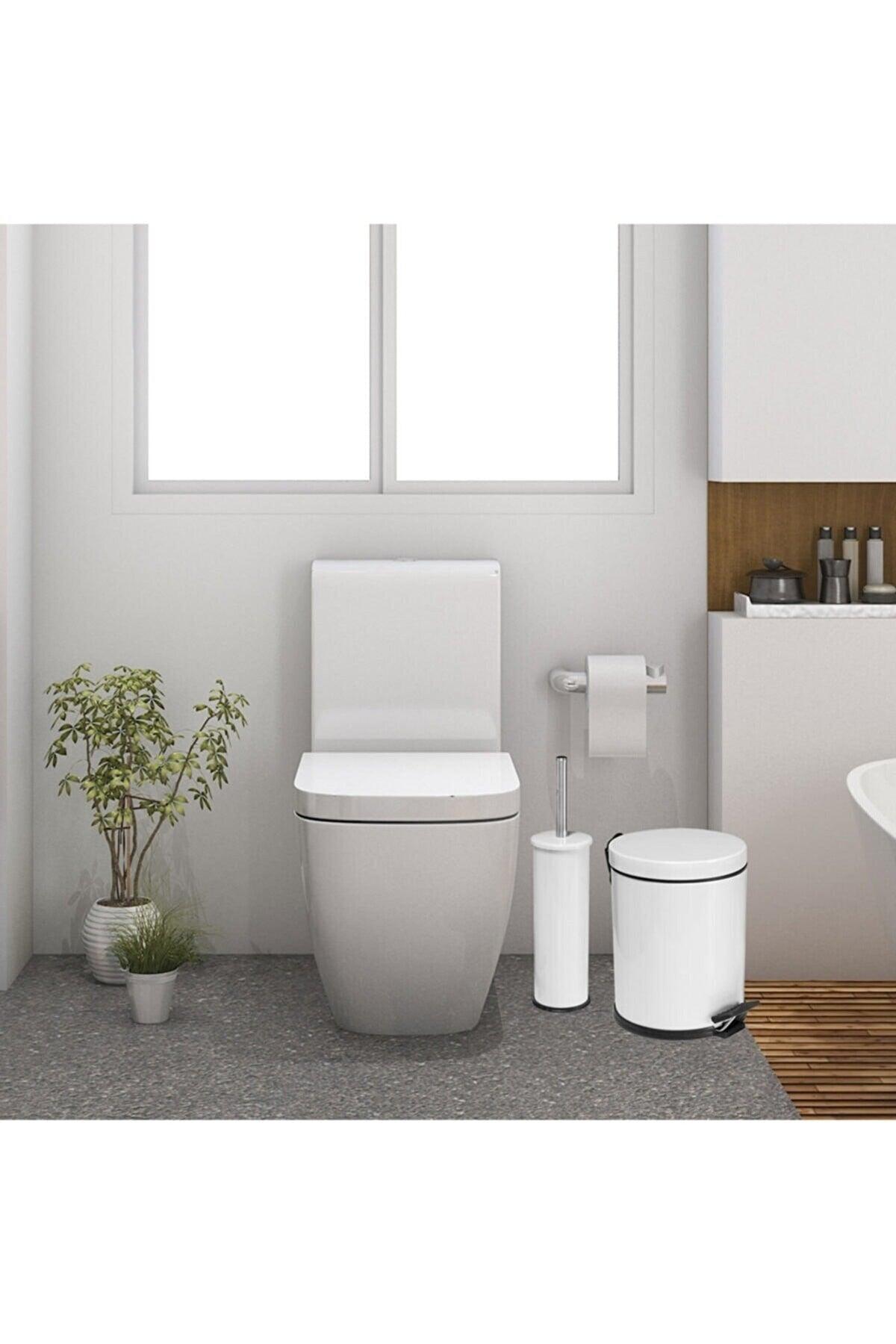 3 Liter White 2 Pcs Bathroom Set Pedal Dustbin Wc Closet Toilet Brush Set Bathroom Dustbin - Swordslife