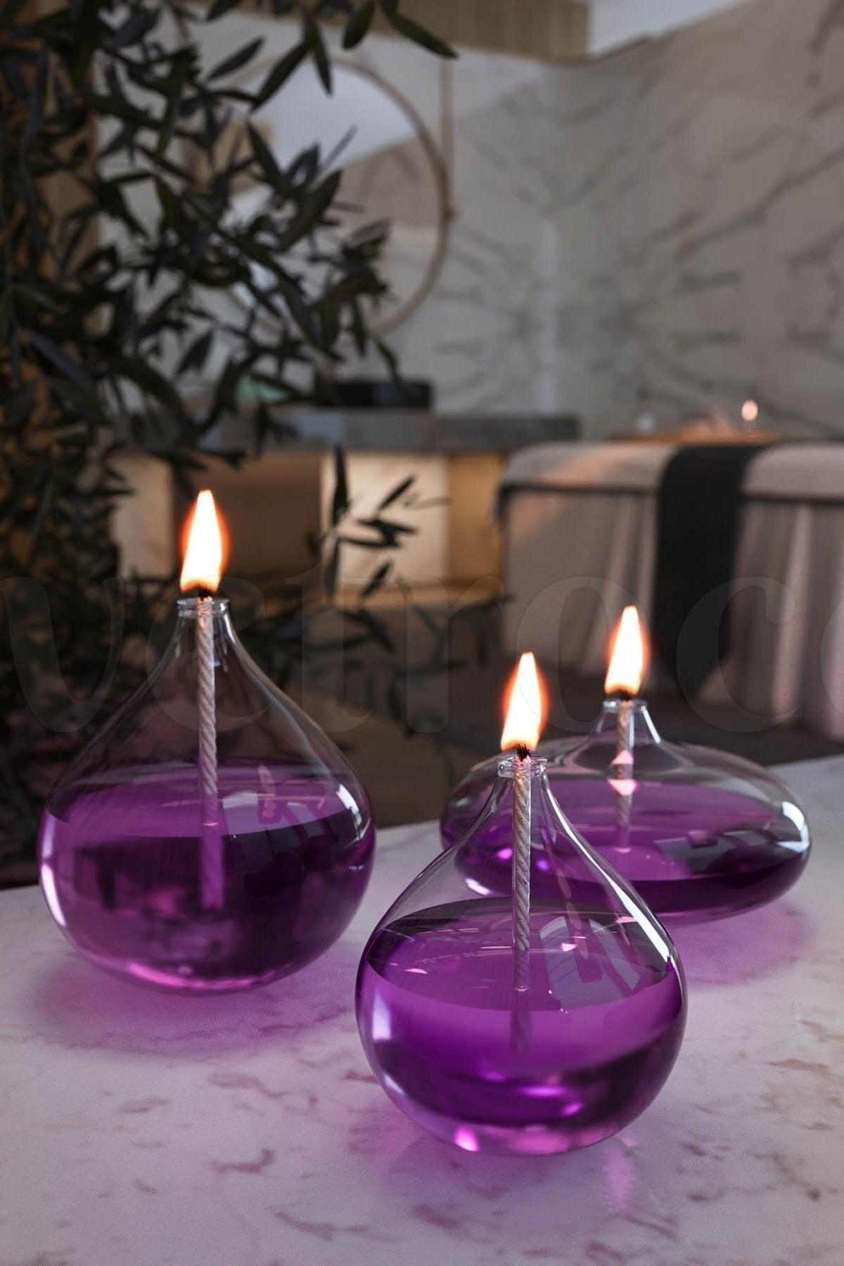 Set of 3 Jumbo Glass Oil Lamps (2 Drops, 1 Ellipse) + 750 Ml Oil Lamp - Purple - Swordslife