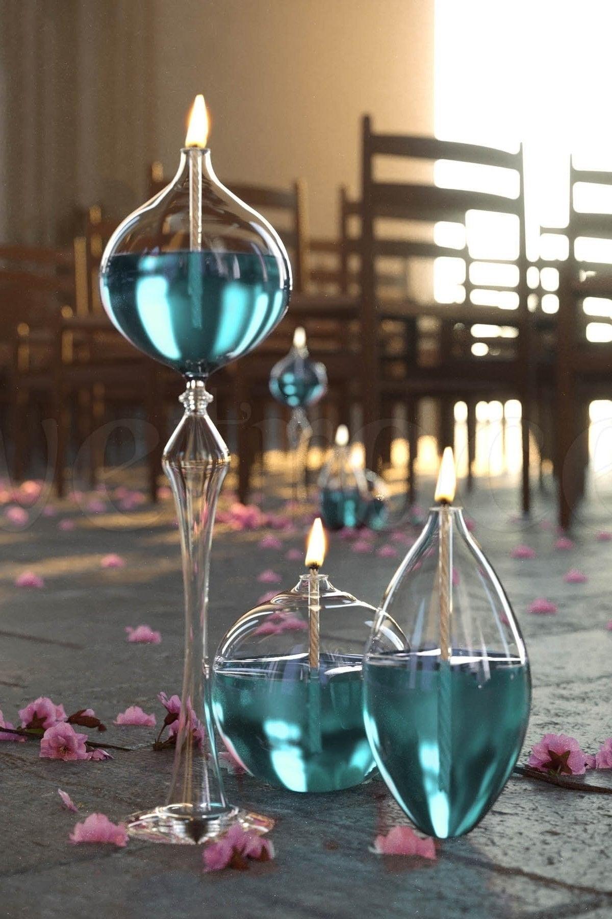 Set of 3 Jumbo Glass Oil Lamps (Foot Drop, Barrel, Sphere) + 750 Ml Oil Lamp - Ice Blue - Swordslife