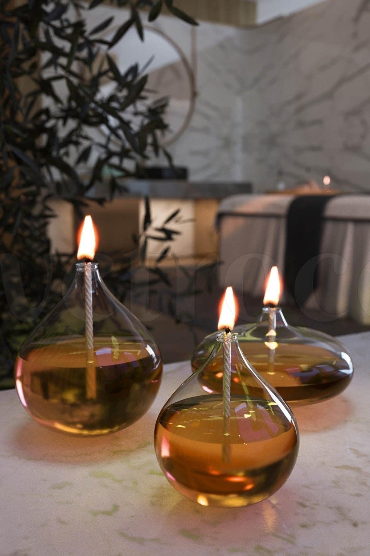 Set of 3 Jumbo Glass Oil Lamps (2 Drops, 1 Ellipse) + 750 Ml Oil Lamp - Amber - Swordslife