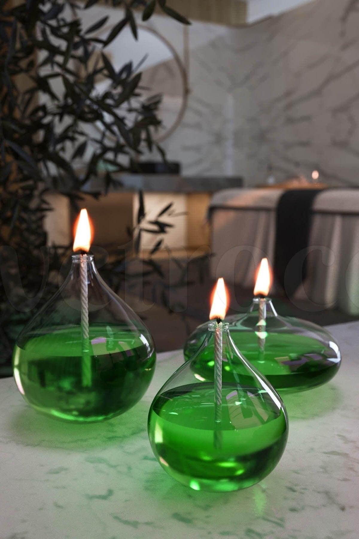 Set of 3 Jumbo Glass Oil Lamps (2 Drops, 1 Ellipse) + 750 Ml Oil Lamp - Green - Swordslife