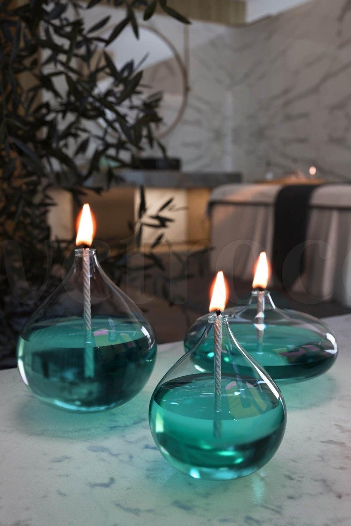Set of 3 Jumbo Glass Oil Lamps (2 Drops, 1 Ellipse) + 750 Ml Oil Lamp - Emerald Green - Swordslife