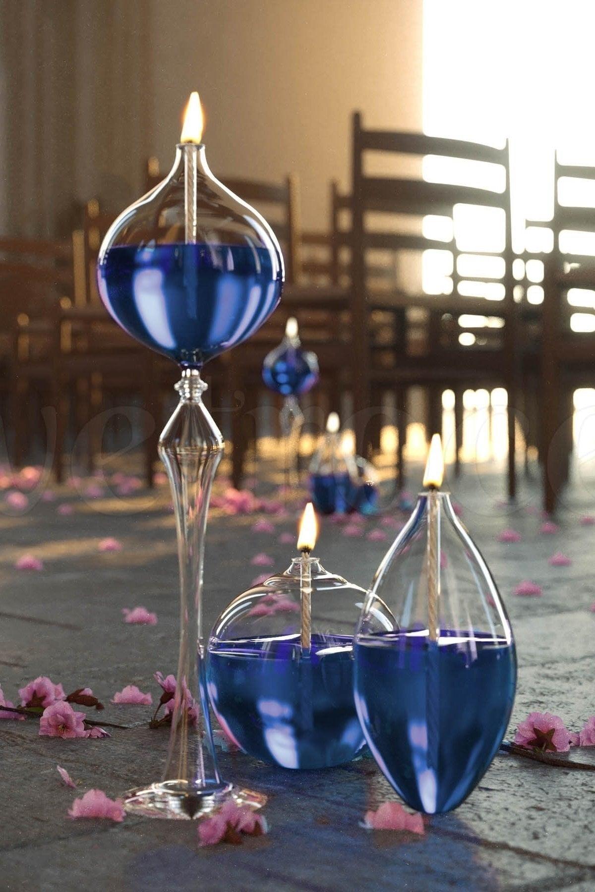 Set of 3 Jumbo Glass Oil Lamps (Foot Drop, Barrel, Sphere) + 750 Ml Oil Lamp - Blue - Swordslife