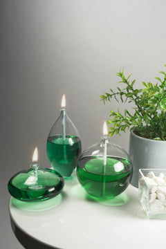 Hand‑Blown Triple Glass Oil Lamp Set – Sphere, Barrel, Ellipse in Green with 750 ml Oil Reservoir