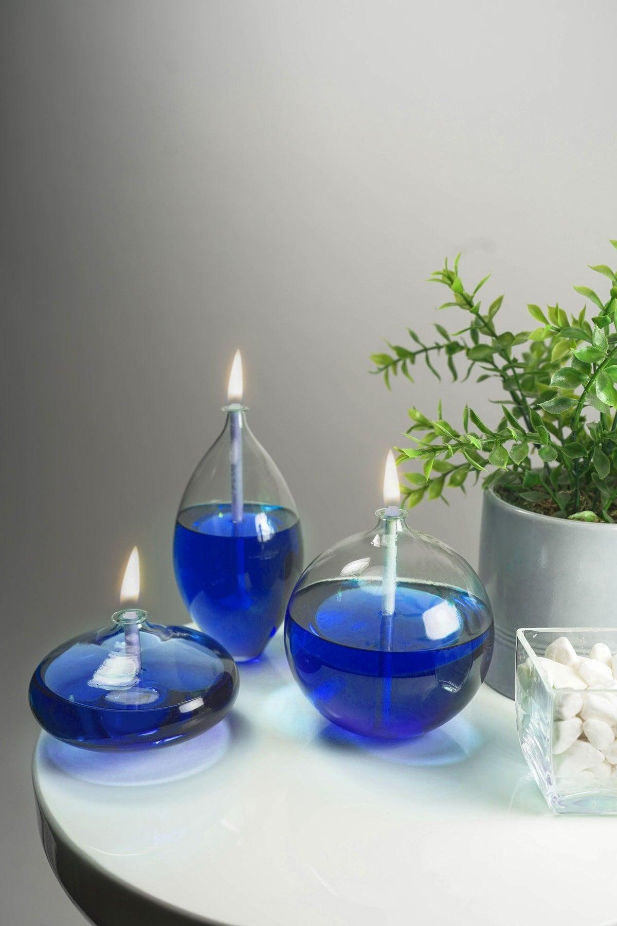 Triple Jumbo Mix Glass Oil Lamp (Sphere, Barrel, Ellipse) + 750 Ml Oil Lamp - Blue - Swordslife