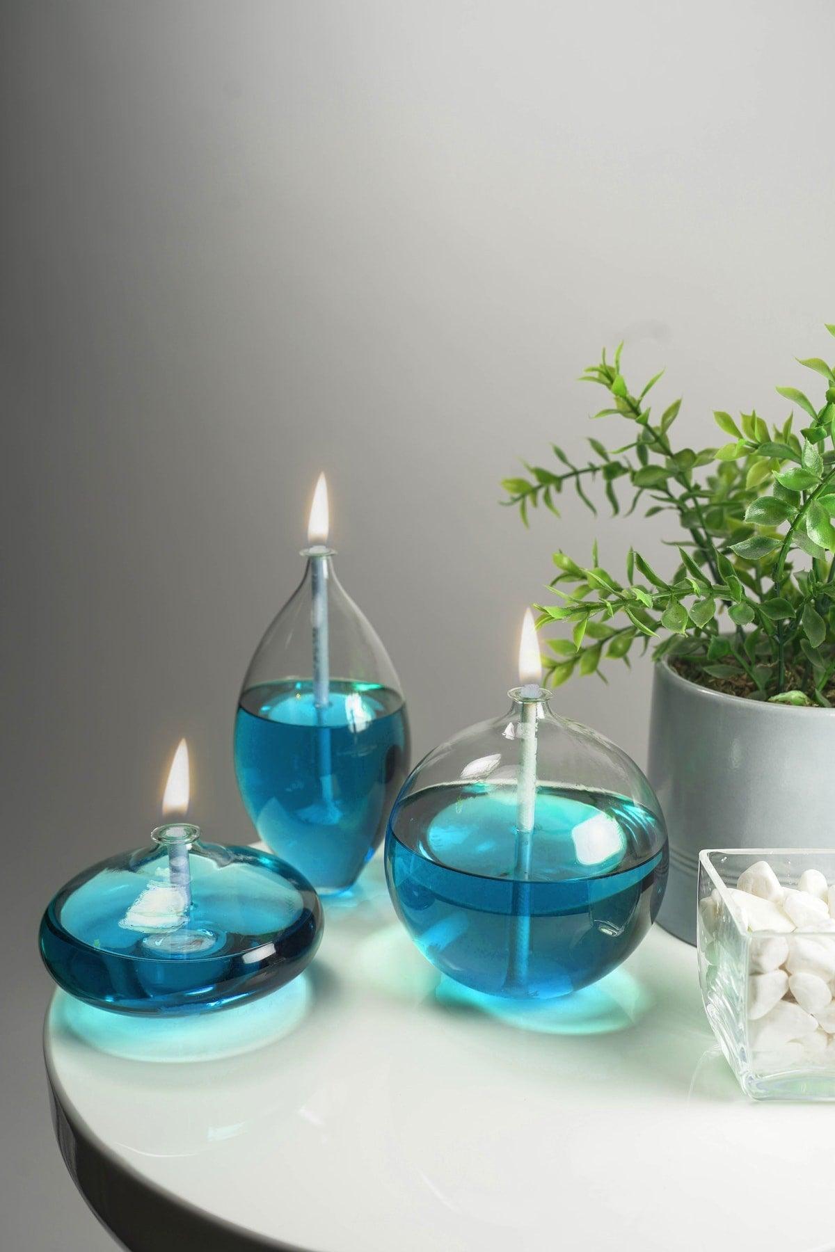 Triple Jumbo Mix Glass Oil Lamp (Sphere, Barrel, Ellipse) + 750 Ml Oil Lamp - Ice Blue - Swordslife
