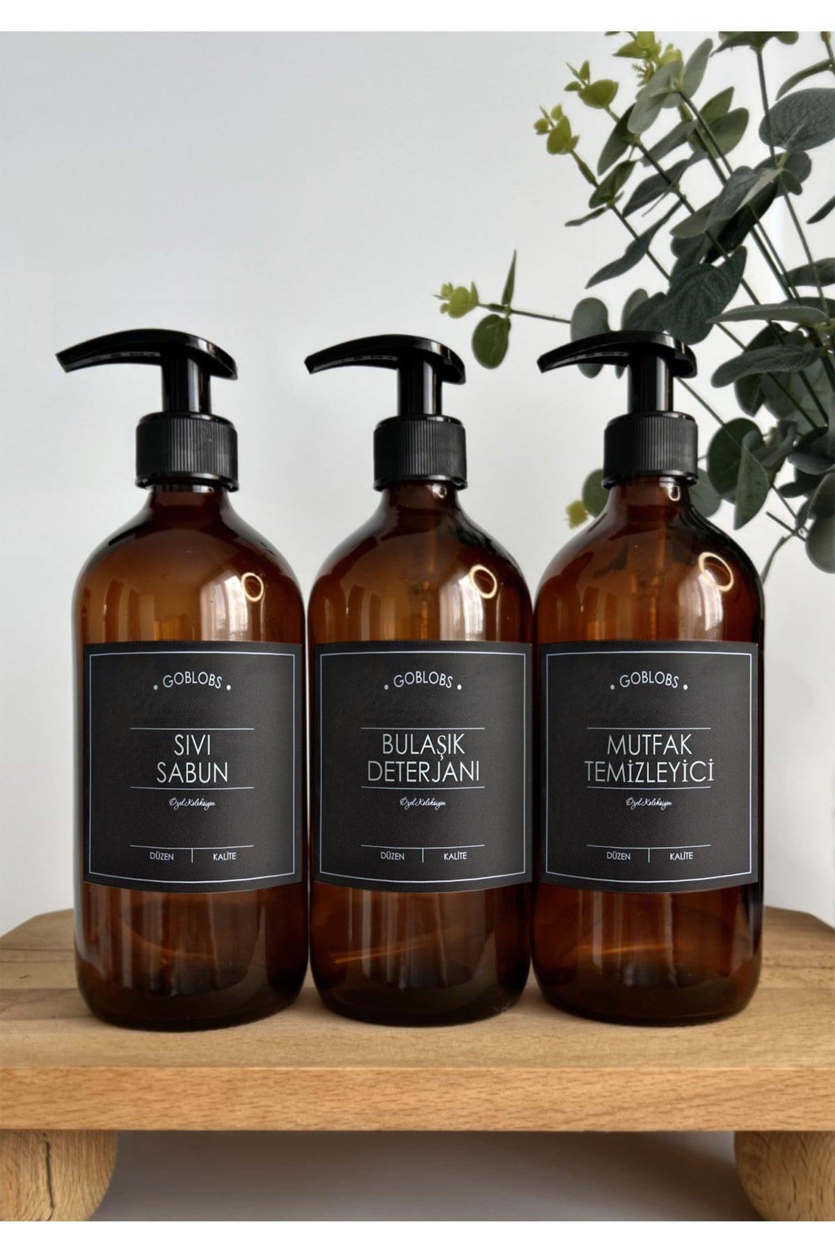 Set of 3 500ml Amber Bottle Liquid Soap &