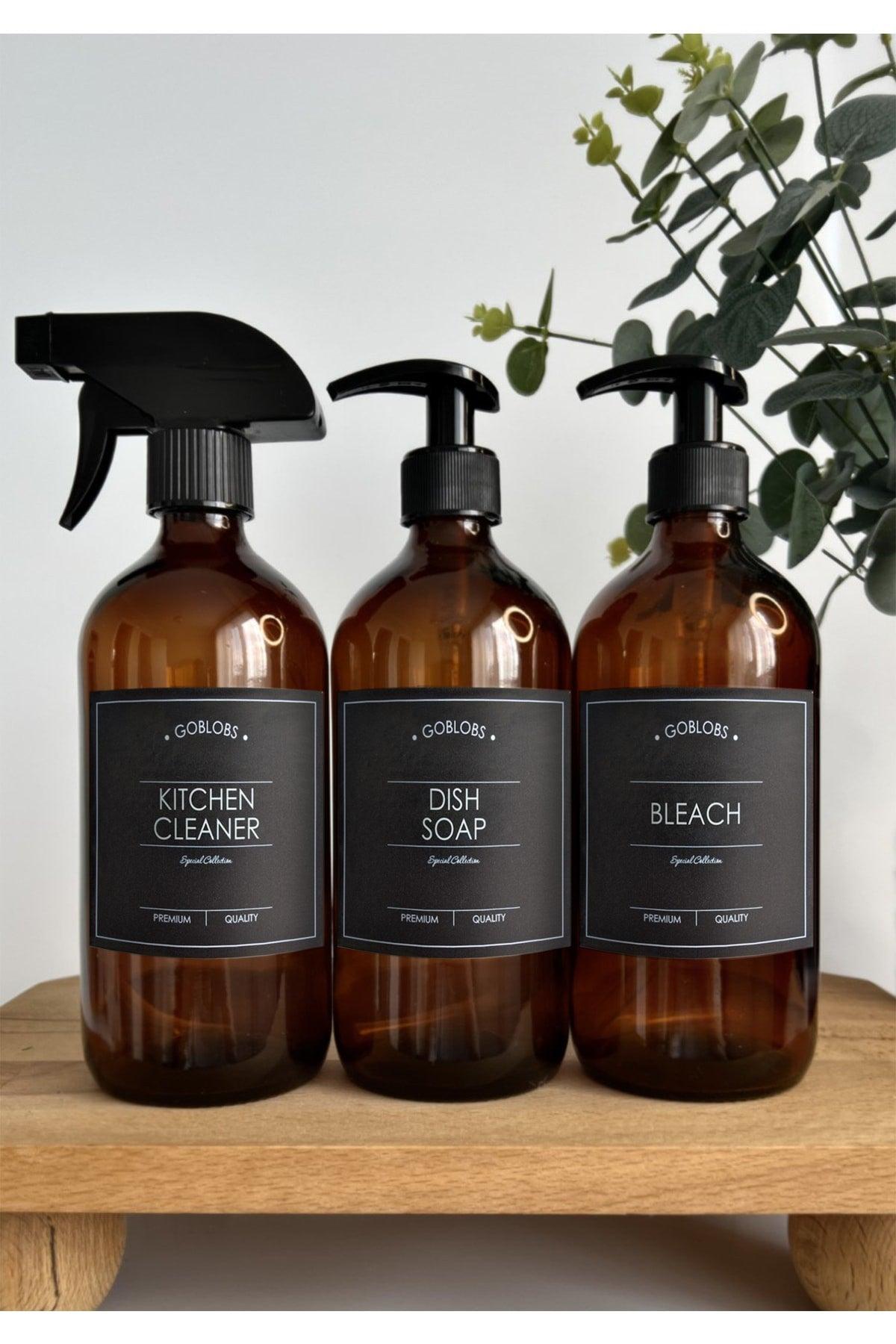 Set of 3 500ml Amber Bottle Spray Kitchen Cleaner & Dish Soap & Bleach Black - Swordslife