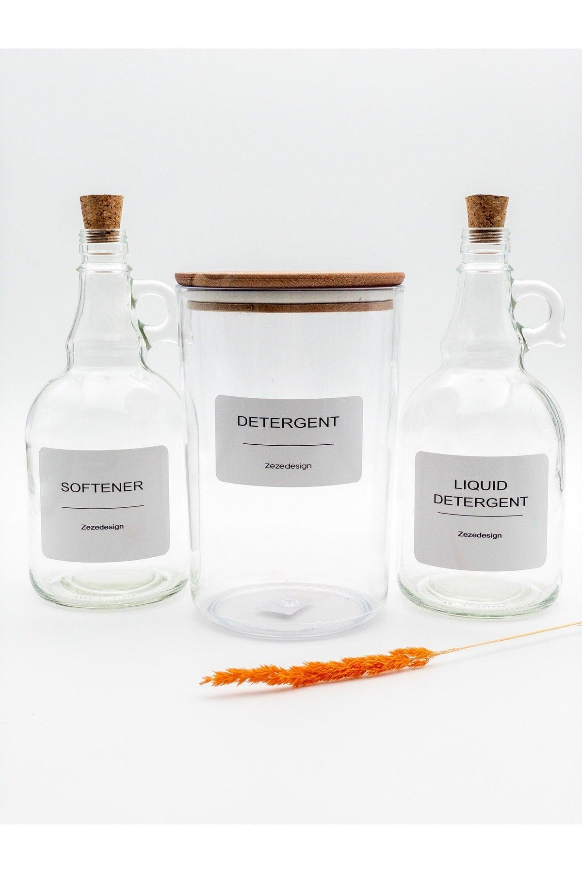 Set of 3 - Powder Detergent Jar with Wooden Lid & Liquid Detergent and Softener Bottle with Cork Lid - Swordslife