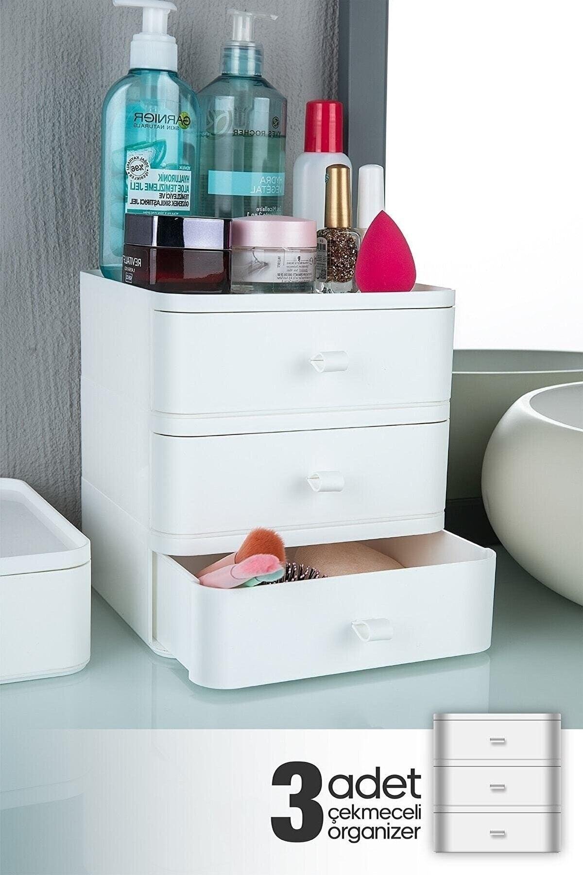 3 Pcs Jewelry Makeup And Cosmetic Organizer Drawer Multi-Purpose Desktop Organizer White - Swordslife