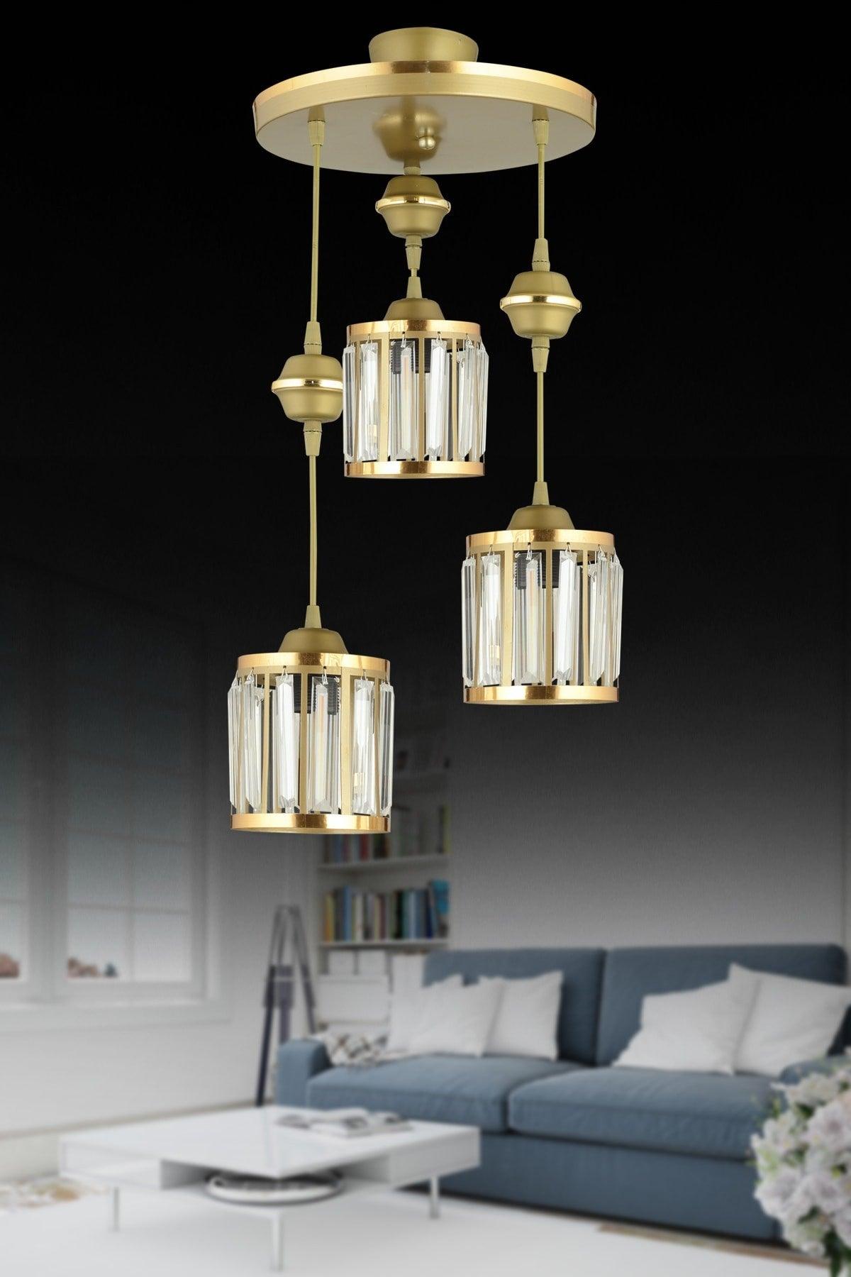 3 Piece Tumbled Pendant Lamp Crystal Stone Yellow Striped Cylinder Downward Facing Luxury Chandelier - Swordslife