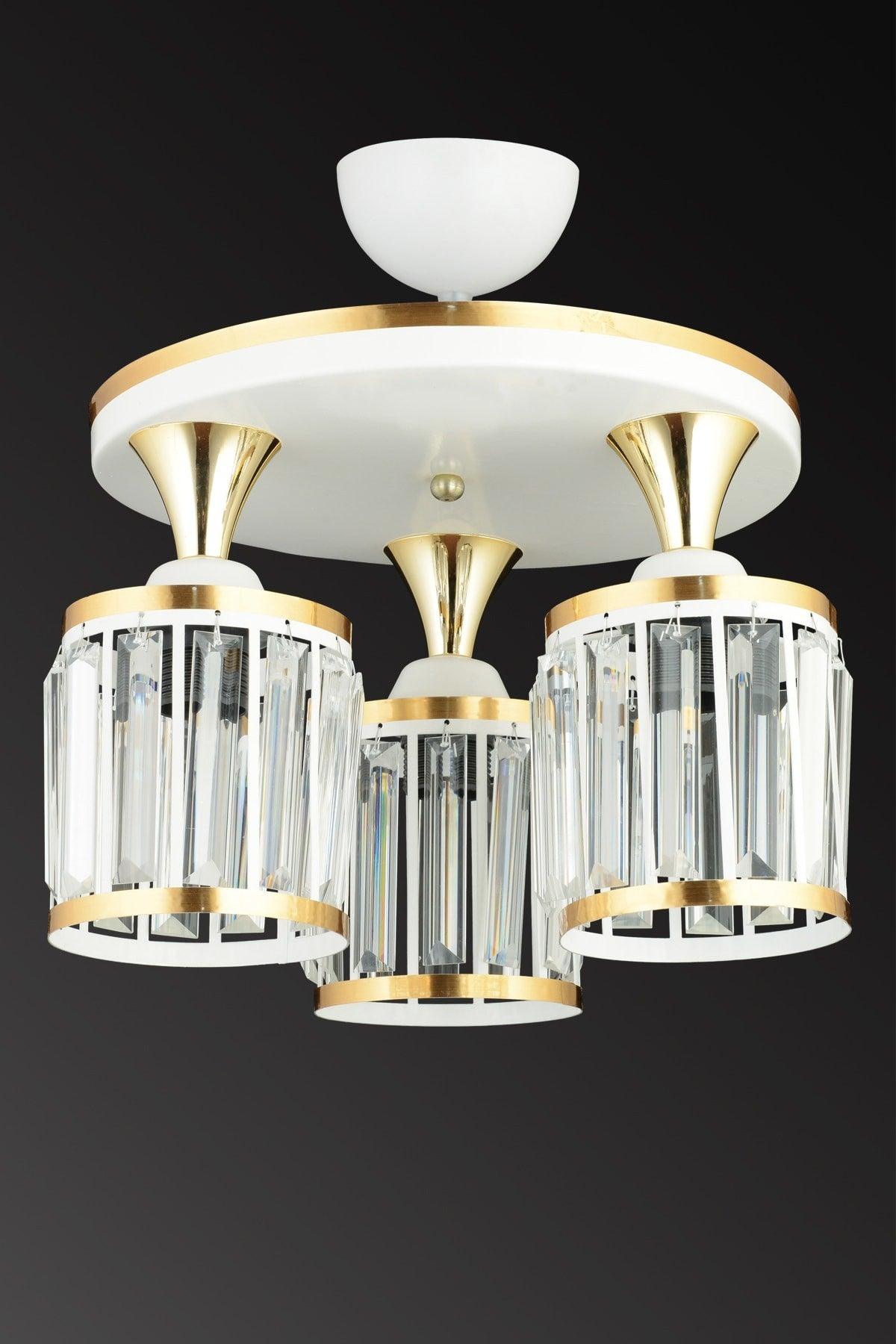 3 Pcs White Tray Crystal Stone Plafonyer Yellow Striped Cylinder Downward Facing Luxury Chandelier - Swordslife