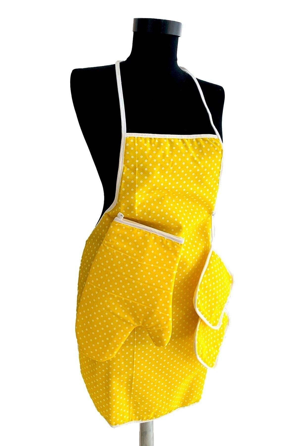 3 Pieces Yellow Kitchen Apron Set Waterproof Apron Heat Proof Gloves And Handle Set - Swordslife