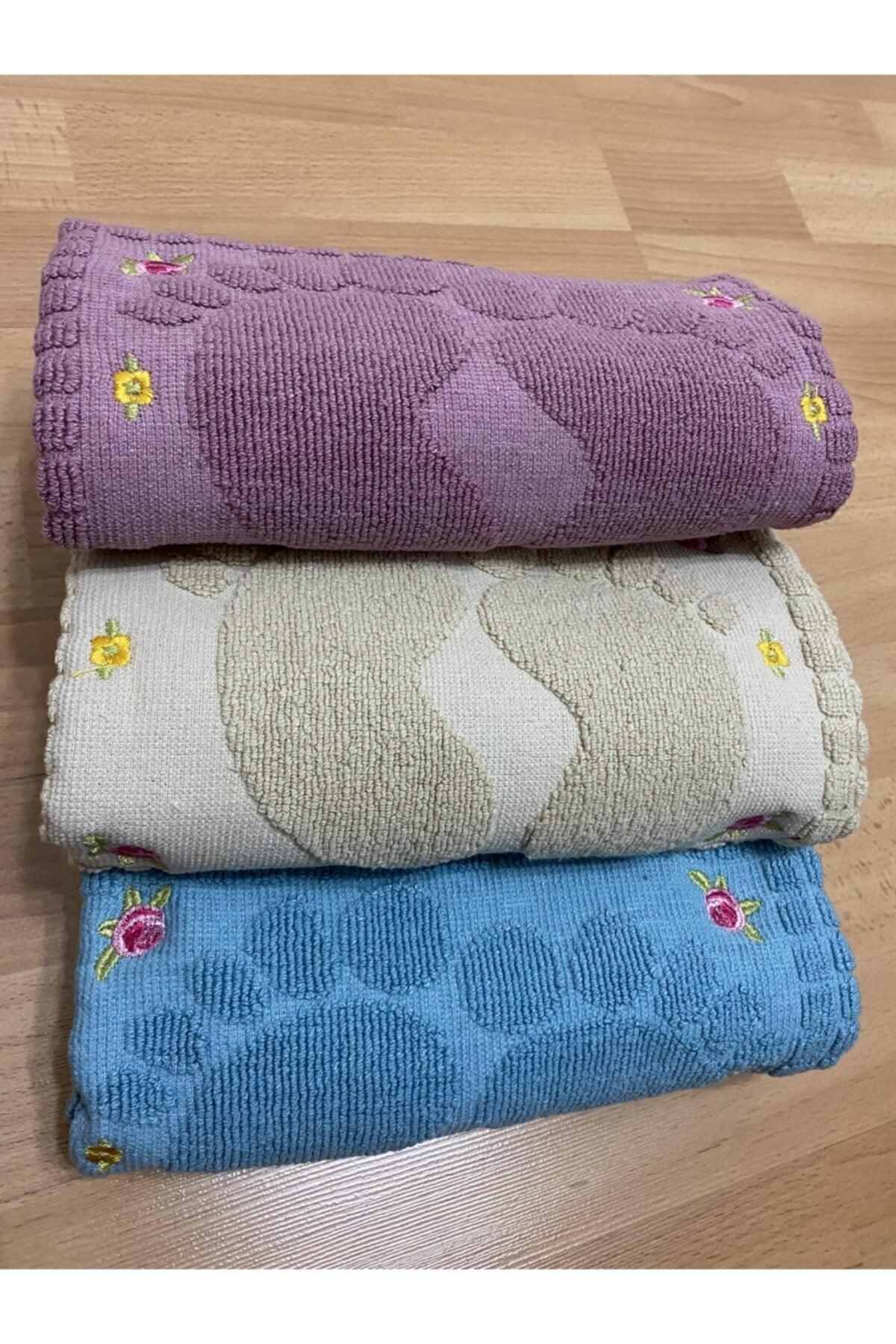 3 Pieces 100% Cotton Cappucino*Plum*Petrol Blue Color Embroidered Foot Towel 100% Cotton Size:50x70 - Swordslife