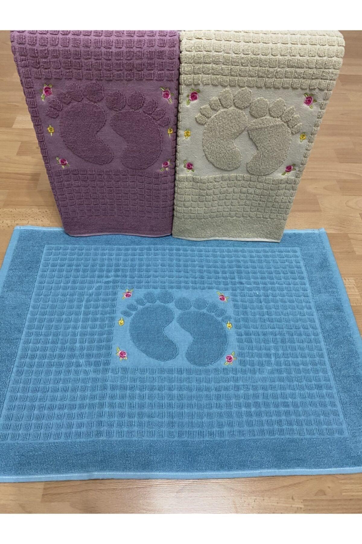 3 Pieces 100% Cotton Cappucino*Plum*Petrol Blue Color Embroidered Foot Towel 100% Cotton Size:50x70 - Swordslife