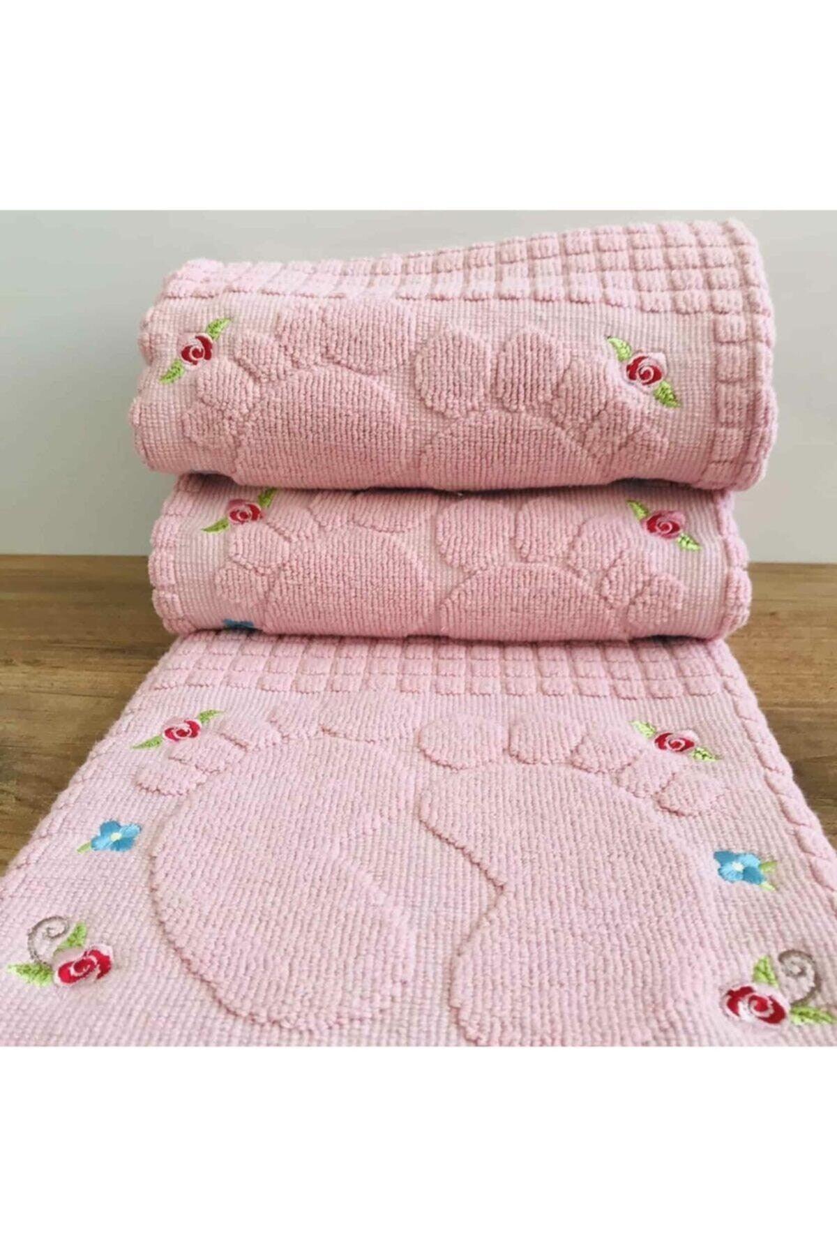 3 Pieces Powder Color Embroidered Foot Towel 100% Cotton Size: 50x70 - Swordslife