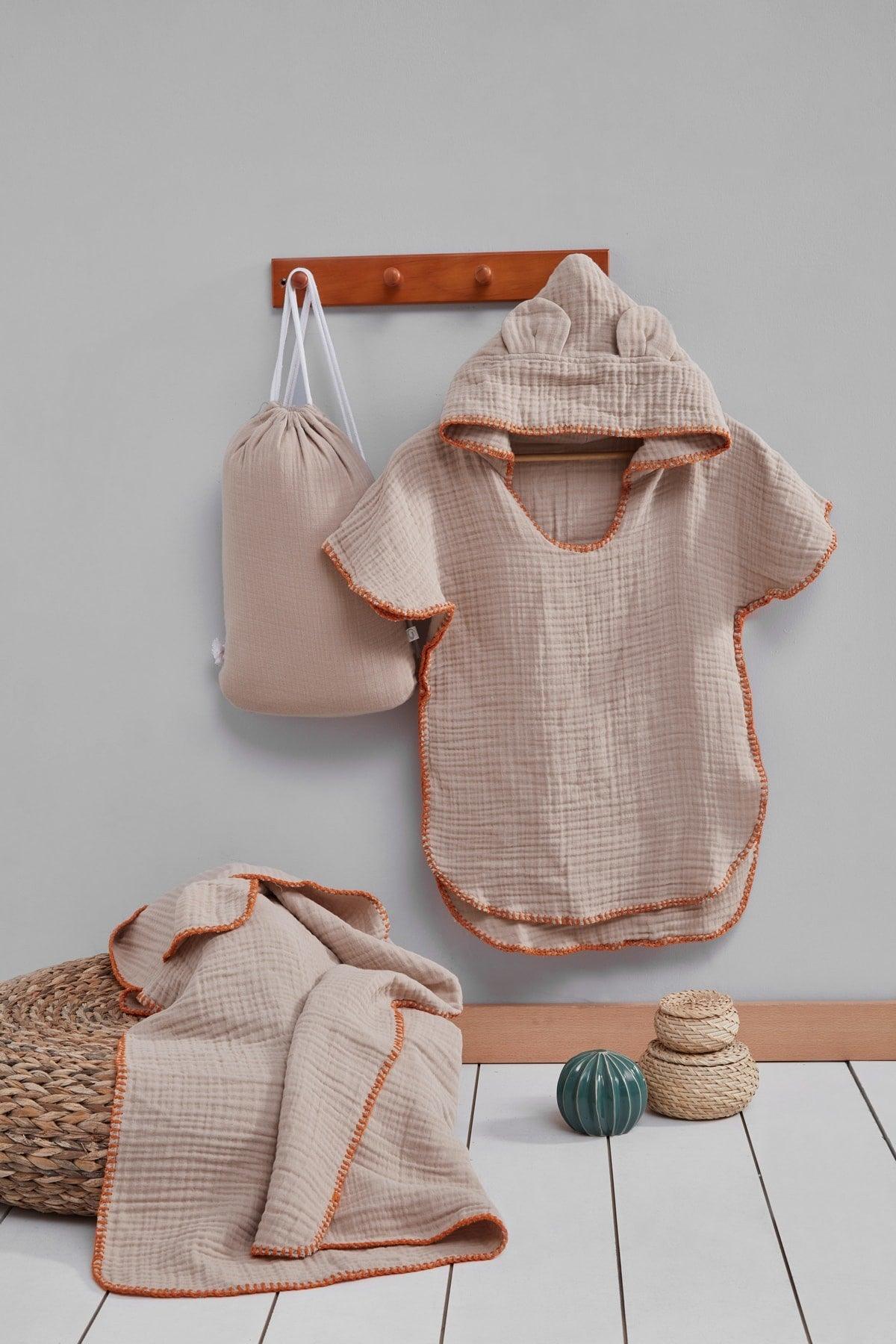 Piece Embroidered Muslin Poncho-blanket-bag Set 2-4 Years Beige - Swordslife