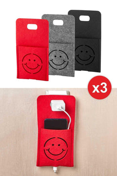 Set of 3 Felt Charging Stands with Smiling Face Design - Black, Grey, Red