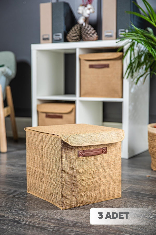 3 Piece Cesi Foldable Jute Box With Lid 29x29x30 Cm - Swordslife