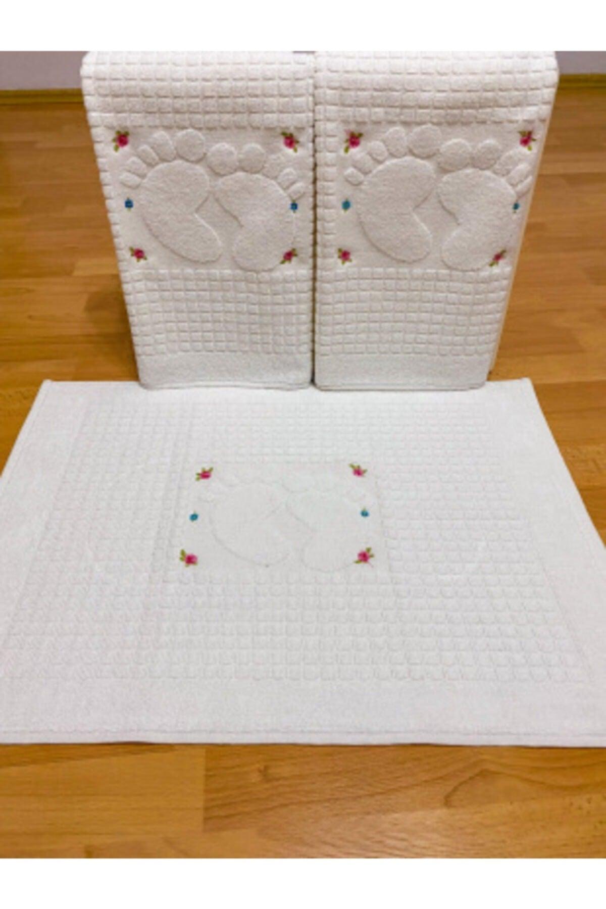 3 Pieces Cream Embroidered Foot Towel 100% Cotton Size: 50x70 - Swordslife