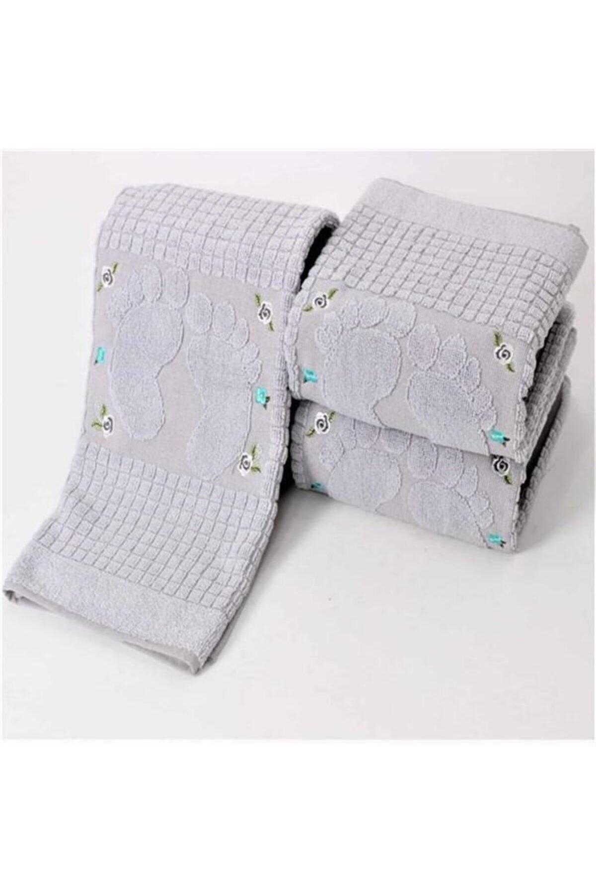 3 Pieces Gray Color Embroidered Foot Towel 100%