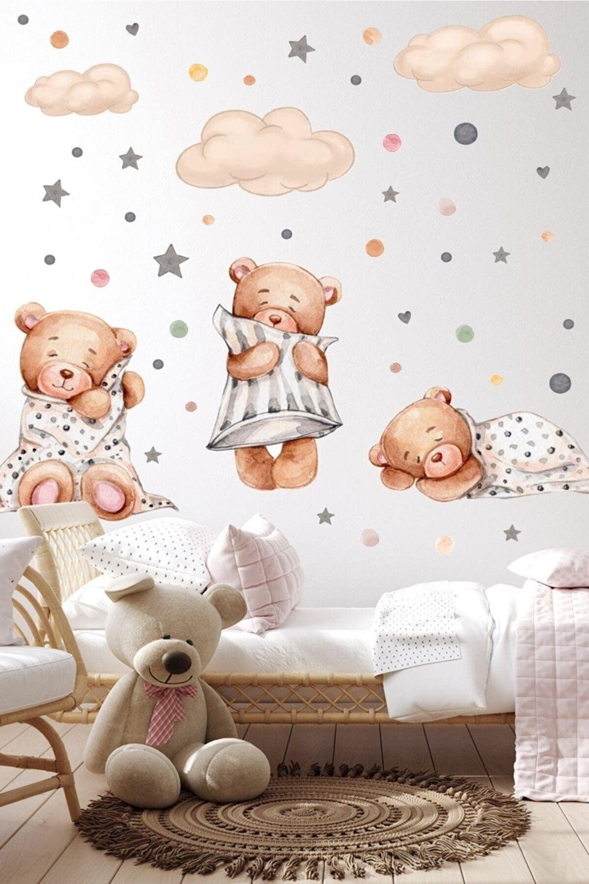 3 Schlafende Bär Wolken und Sterne Kinder Baby Zimmer Aufkleber Set - Swordslife