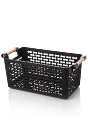 30cm Plastic Organizer Basket With Wooden Handle Black 1 Piece - Swordslife