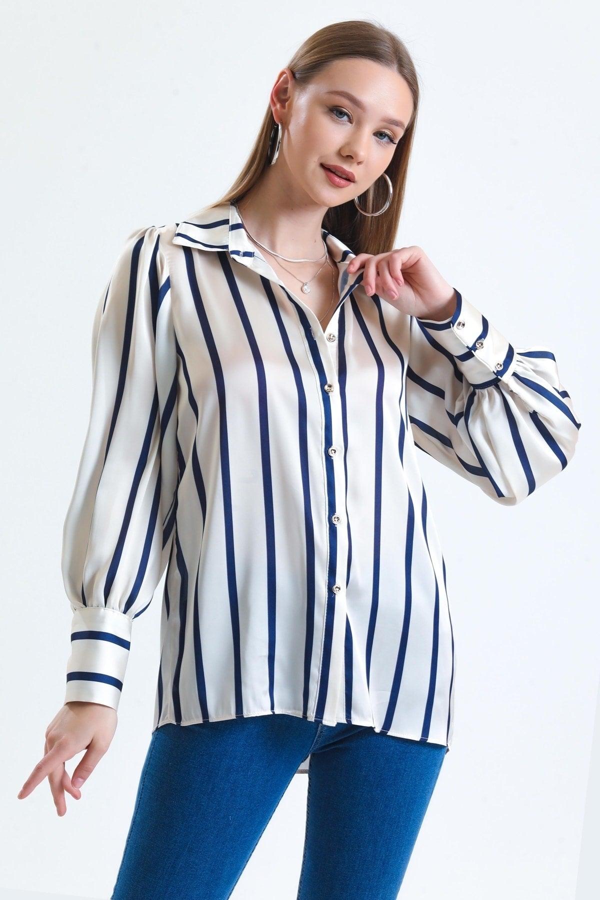 Women's Ecru Balloon Sleeve Ruffle Detailed Oversized Striped Satin Shirt - Swordslife