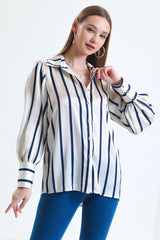 Women's Ecru Balloon Sleeve Ruffle Detailed Oversized Striped Satin Shirt - Swordslife